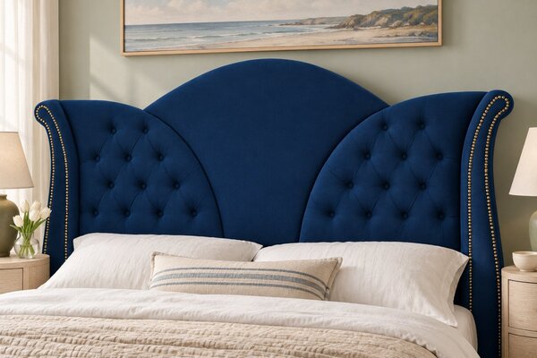 Pat tapițat Chesterfield din catifea Velora 140×200 cm, bleumarin, cu ladă de depozitare