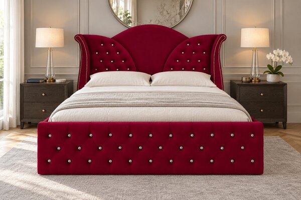 Pat tapițat Chesterfield din catifea Velora Cristal 140×200 cm, vișiniu, cu ladă de depozitare