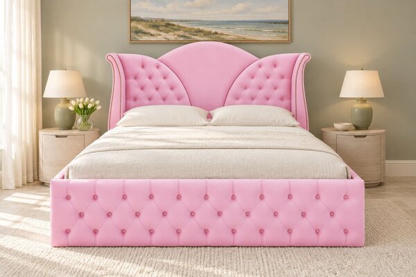 Pat tapițat Chesterfield din catifea Velora 140×200 cm, roz, cu ladă de depozitare