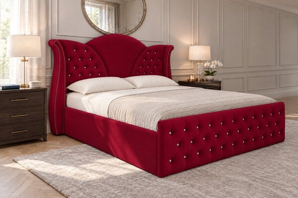 Pat tapițat Chesterfield din catifea Velora Cristal 140×200 cm, vișiniu, cu ladă de depozitare