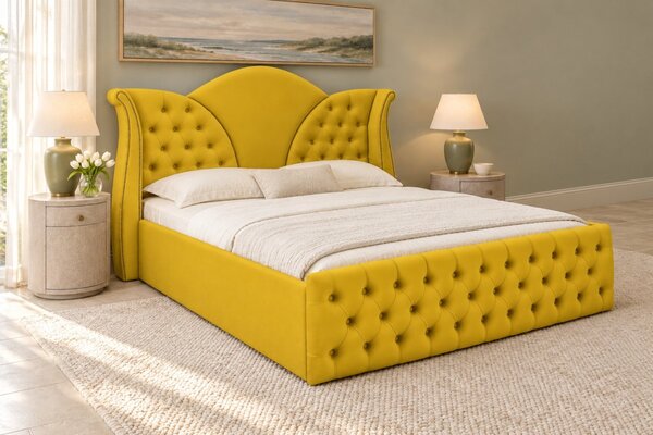 Pat tapițat Chesterfield din catifea Velora 140×200 cm, galben muștar, cu ladă de depozitare
