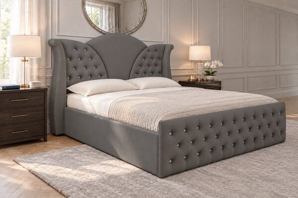 Pat tapițat Chesterfield din catifea Velora Cristal 140×200 cm, gri închis, cu ladă de depozitare