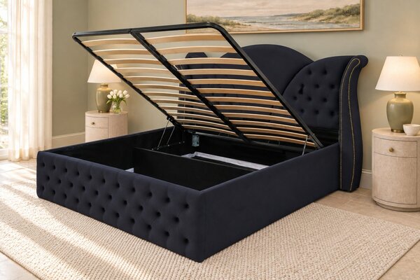 Pat tapițat Chesterfield din catifea Velora 140×200 cm, negru, cu ladă de depozitare