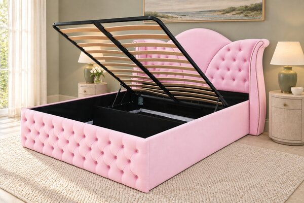 Pat tapițat Chesterfield din catifea Velora 140×200 cm, roz, cu ladă de depozitare