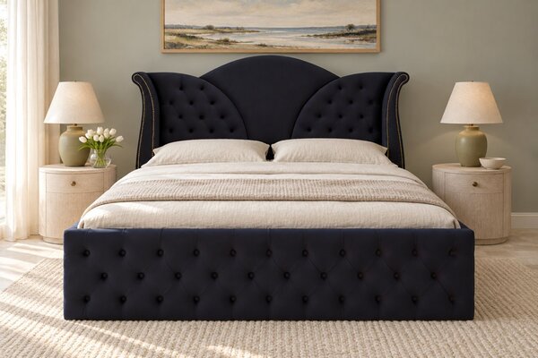 Pat tapițat Chesterfield din catifea Velora 140×200 cm, negru, cu ladă de depozitare