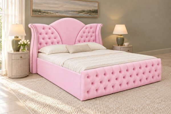 Pat tapițat Chesterfield din catifea Velora 140×200 cm, roz, cu ladă de depozitare