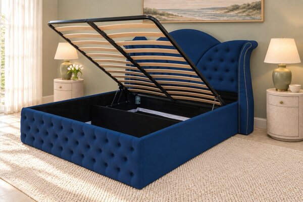 Pat tapițat Chesterfield din catifea Velora 140×200 cm, bleumarin, cu ladă de depozitare