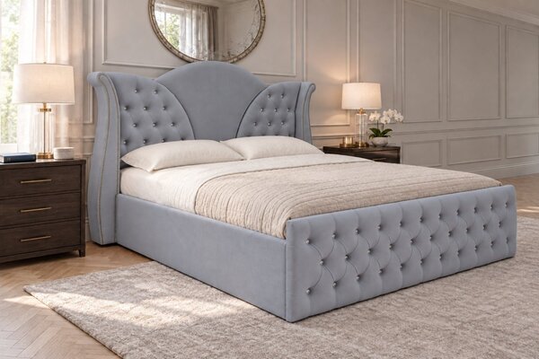 Pat tapițat Chesterfield din catifea Velora Cristal 140×200 cm, gri deschis, cu ladă de depozitare