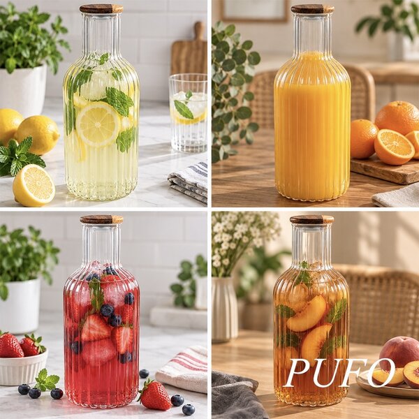 Sticla tip carafa Pufo Simple pentru apa sau lichide, 1.4 L, cu capac din lemn– design modern