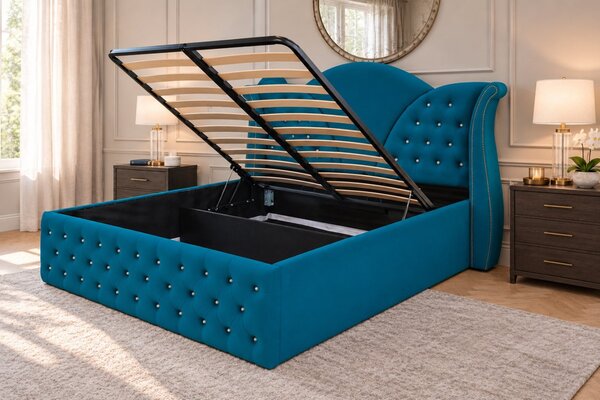 Pat tapițat Chesterfield din catifea Velora Cristal 140×200 cm, turcoaz, cu ladă de depozitare