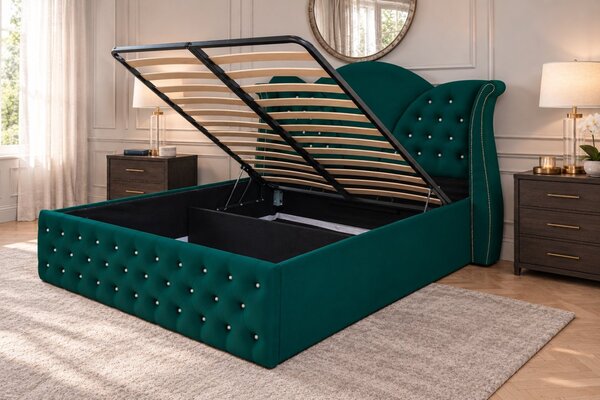 Pat tapițat Chesterfield din catifea Velora Cristal 140×200 cm, verde, cu ladă de depozitare