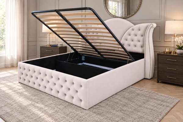 Pat tapițat Chesterfield din catifea Velora Cristal 140×200 cm, crem, cu ladă de depozitare