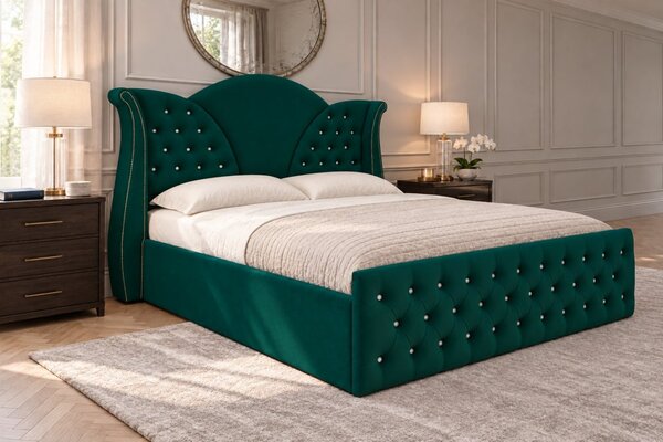 Pat tapițat Chesterfield din catifea Velora Cristal 140×200 cm, verde, cu ladă de depozitare