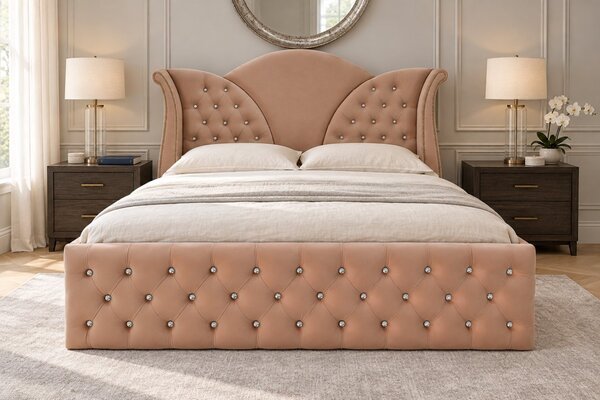 Pat tapițat Chesterfield din catifea Velora Cristal 140×200 cm, cappuccino, cu ladă de depozitare