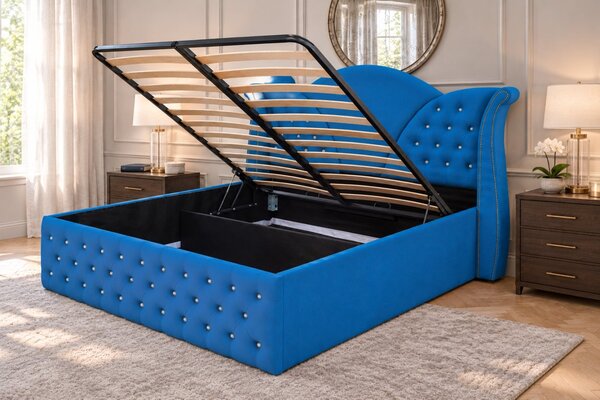 Pat tapițat Chesterfield din catifea Velora Cristal 140×200 cm, albastru, cu ladă de depozitare