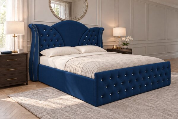 Pat tapițat Chesterfield din catifea Velora Cristal 140×200 cm, bleumarin, cu ladă de depozitare