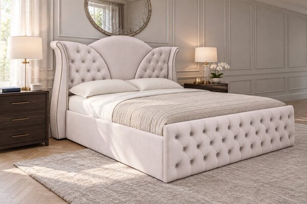 Pat tapițat Chesterfield din catifea Velora Cristal 140×200 cm, crem, cu ladă de depozitare