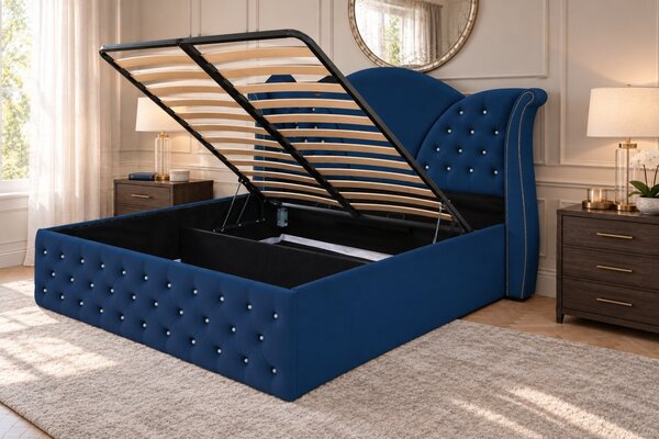 Pat tapițat Chesterfield din catifea Velora Cristal 140×200 cm, bleumarin, cu ladă de depozitare