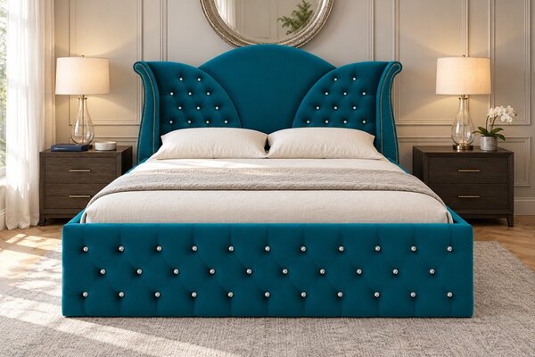 Pat tapițat Chesterfield din catifea Velora Cristal 140×200 cm, turcoaz, cu ladă de depozitare
