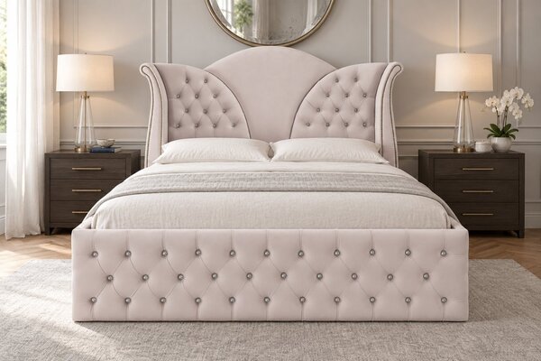 Pat tapițat Chesterfield din catifea Velora Cristal 140×200 cm, crem, cu ladă de depozitare