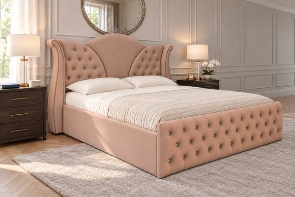 Pat tapițat Chesterfield din catifea Velora Cristal 140×200 cm, cappuccino, cu ladă de depozitare