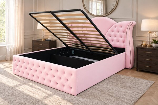 Pat tapițat Chesterfield din catifea Velora Cristal 140×200 cm, roz, cu ladă de depozitare