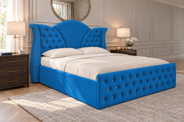 Pat tapițat Chesterfield din catifea Velora Cristal 140×200 cm, albastru, cu ladă de depozitare