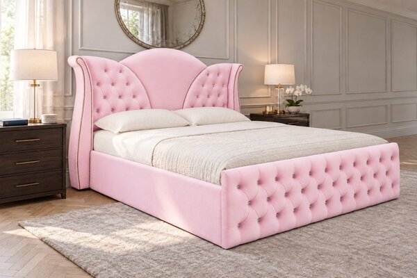 Pat tapițat Chesterfield din catifea Velora Cristal 140×200 cm, roz, cu ladă de depozitare