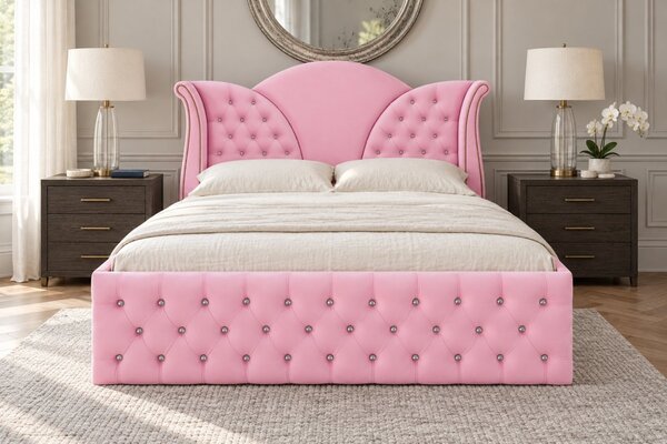 Pat tapițat Chesterfield din catifea Velora Cristal 140×200 cm, roz, cu ladă de depozitare