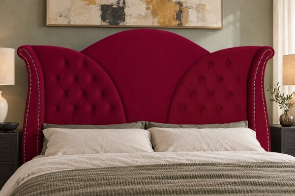 Pat tapițat Chesterfield din catifea Velora Deluxe Classic 140×200 cm, vișiniu, cu ladă de depozitare