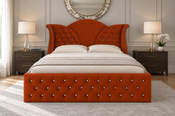 Pat tapițat Chesterfield din catifea Velora Cristal 140×200 cm, cărămiziu, cu ladă de depozitare