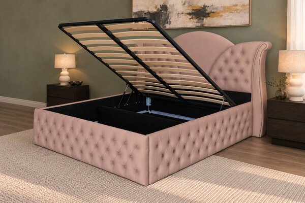 Pat tapițat Chesterfield din catifea Velora Deluxe Classic 140×200 cm, cappuccino, cu ladă de depozitare