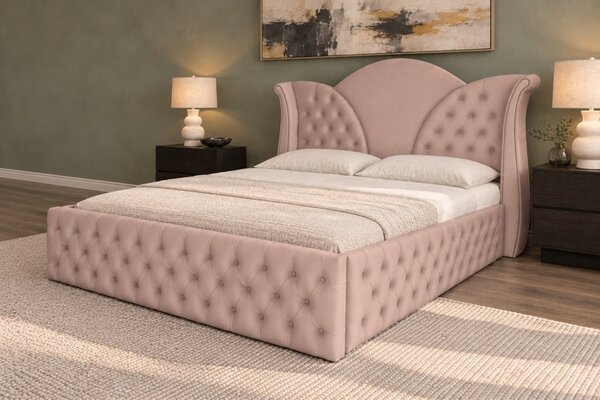 Pat tapițat Chesterfield din catifea Velora Deluxe Classic 140×200 cm, cappuccino, cu ladă de depozitare