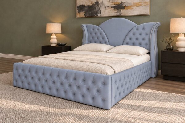 Pat tapițat Chesterfield din catifea Velora Deluxe Classic 140×200 cm, gri deschis, cu ladă de depozitare