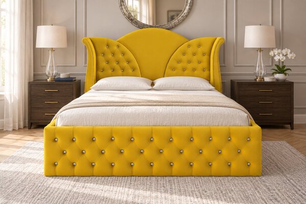Pat tapițat Chesterfield din catifea Velora Cristal 140×200 cm, galben muștar, cu ladă de depozitare