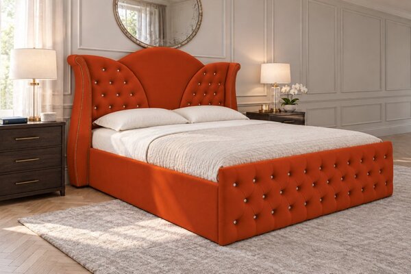 Pat tapițat Chesterfield din catifea Velora Cristal 140×200 cm, cărămiziu, cu ladă de depozitare