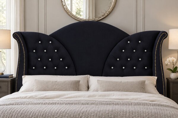 Pat tapițat Chesterfield din catifea Velora Cristal 140×200 cm, negru, cu ladă de depozitare
