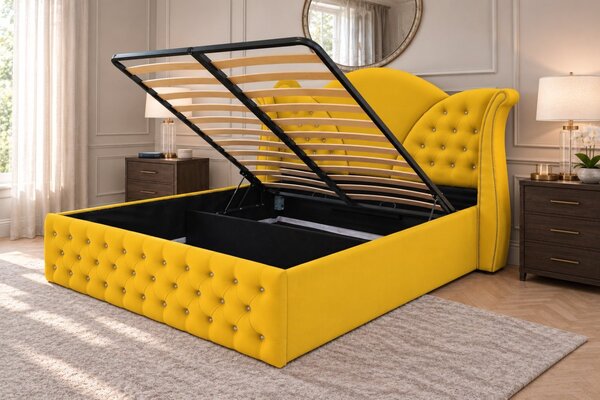 Pat tapițat Chesterfield din catifea Velora Cristal 140×200 cm, galben muștar, cu ladă de depozitare