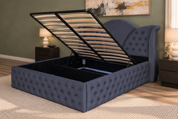 Pat tapițat Chesterfield din catifea Velora Deluxe Classic 140×200 cm, gri închis, cu ladă de depozitare