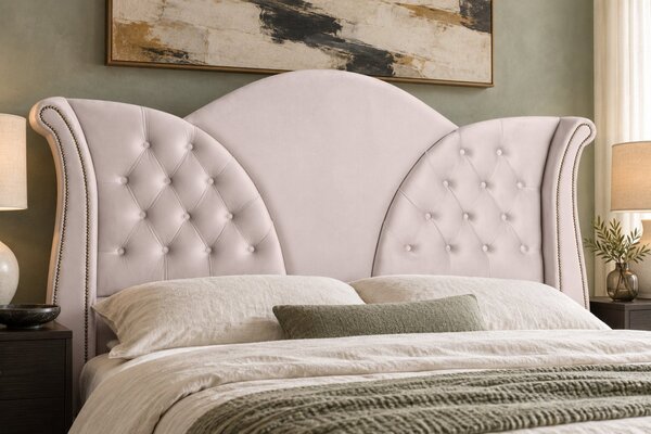 Pat tapițat Chesterfield din catifea Velora Deluxe Classic 140×200 cm, crem, cu ladă de depozitare