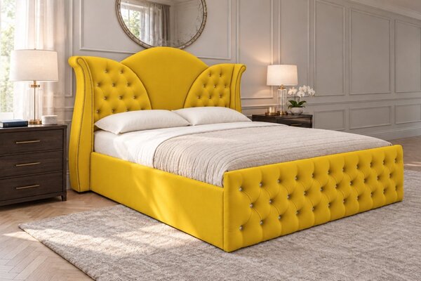 Pat tapițat Chesterfield din catifea Velora Cristal 140×200 cm, galben muștar, cu ladă de depozitare