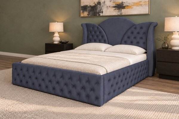 Pat tapițat Chesterfield din catifea Velora Deluxe Classic 140×200 cm, gri închis, cu ladă de depozitare