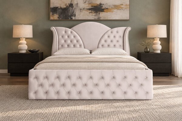 Pat tapițat Chesterfield din catifea Velora Deluxe Classic 140×200 cm, crem, cu ladă de depozitare
