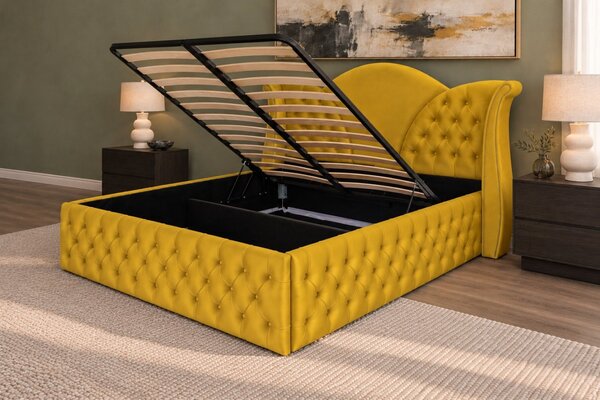 Pat tapițat Chesterfield din catifea Velora Deluxe Classic 140×200 cm, galben muștar, cu ladă de depozitare