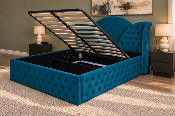 Pat tapițat Chesterfield din catifea Velora Deluxe Classic 140×200 cm, turcoaz, cu ladă de depozitare