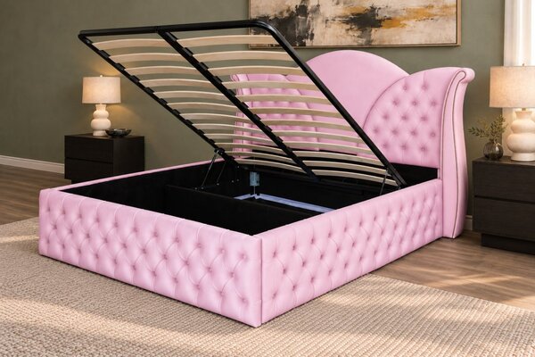 Pat tapițat Chesterfield din catifea Velora Deluxe Classic 140×200 cm, roz, cu ladă de depozitare