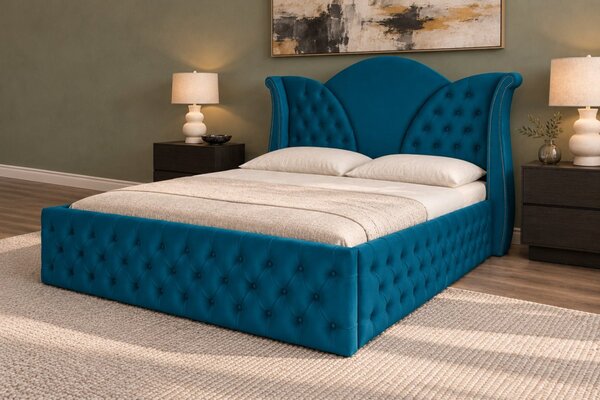 Pat tapițat Chesterfield din catifea Velora Deluxe Classic 140×200 cm, turcoaz, cu ladă de depozitare