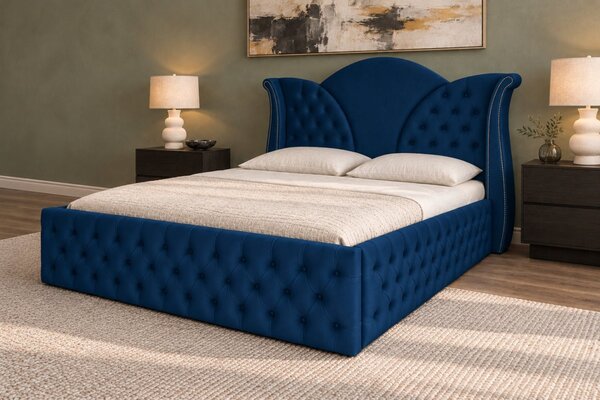 Pat tapițat Chesterfield din catifea Velora Deluxe Classic 140×200 cm, bleumarin, cu ladă de depozitare