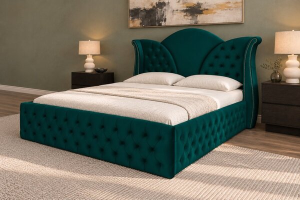 Pat tapițat Chesterfield din catifea Velora Deluxe Classic 140×200 cm, verde, cu ladă de depozitare