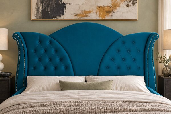 Pat tapițat Chesterfield din catifea Velora Deluxe Classic 140×200 cm, turcoaz, cu ladă de depozitare